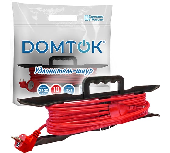 Удлинитель-шнур на рамке DOMTOK ПВС 3*1, 2,2кВт, заземляющий контакт, 10м 2478