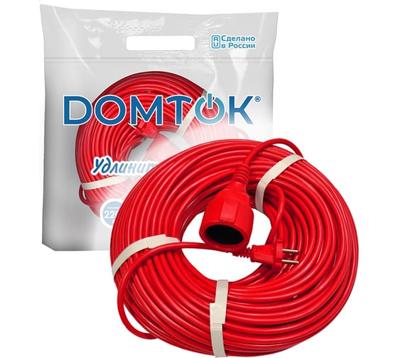 Удлинитель-шнур DOMTOK ПВС 2*1, 2,2кВт, без заземления, 50м 2505