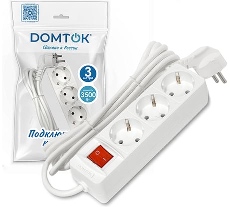 Удлинитель бытовой DOMTOK 3 гнезда, ПВС 3*1, 3,5кВт, с/з, выкл. 3м 2381
