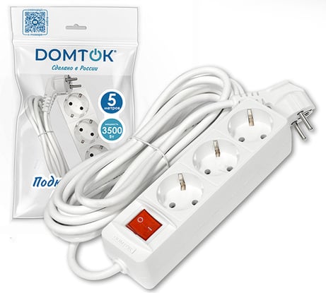 Удлинитель бытовой DOMTOK 3 гнезда, ПВС 3*1, 3,5кВт, с/з, выкл. 5м 2382