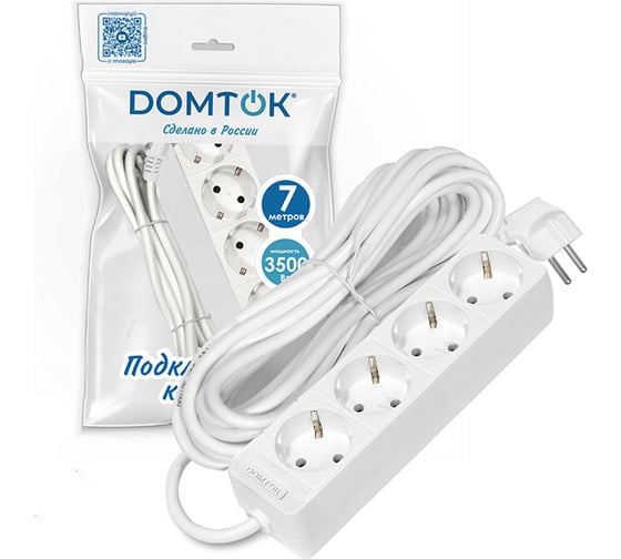 Удлинитель бытовой DOMTOK 4 гнезда, ПВС 3*1, 3,5кВт, с/з 7м 2398 1