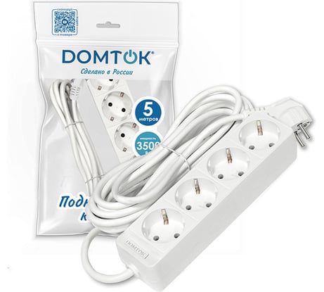 Удлинитель бытовой DOMTOK 4 гнезда, ПВС 3*1, 3,5кВт, с/з 5м 2397