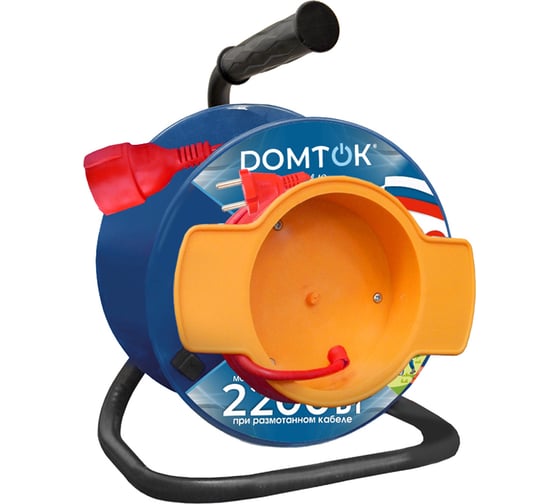 Удлинитель силовой на катушке DOMTOK с 1 выносной розеткой, ПВС 2*1, 2,2кВт, б/з 30м 2428