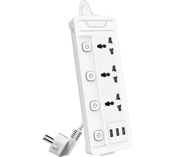 Сетевой фильтр универсальный Deli ET410 3 розетки + 3USB, 2 м 180716
