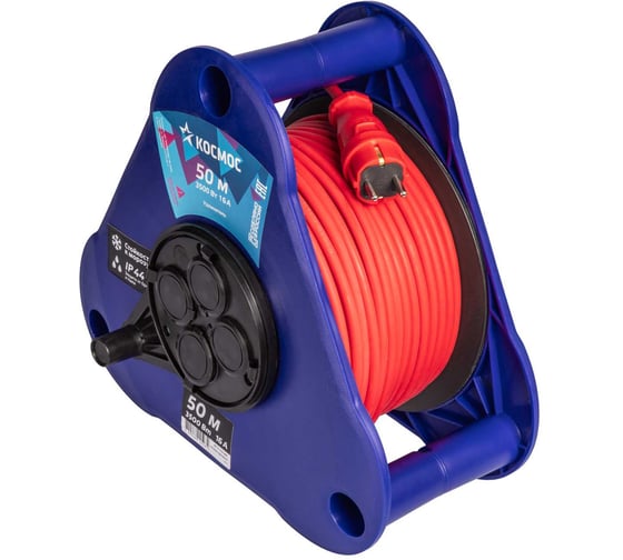Удлинитель КОСМОС катушка-треугольник, 16А 3500Вт 4 гн КГ 2x2,5 (50м) IP44 УКП YKTK50m-4g(2.5)KG-IP