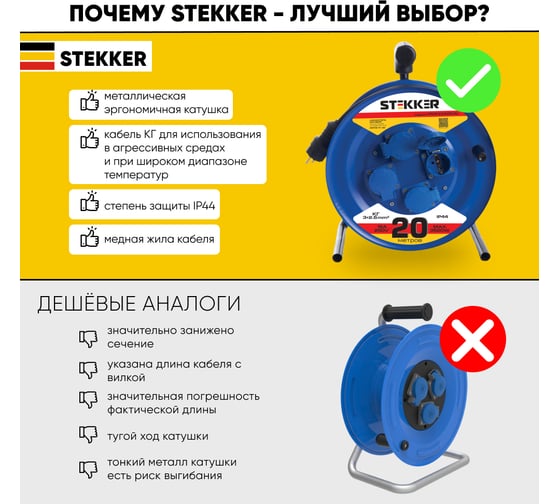 Удлинитель на металлической катушке STEKKER с заземлением 4-местный, PRF02-41-20, 20м, 3х2,5, морозостойкий, синий 39784