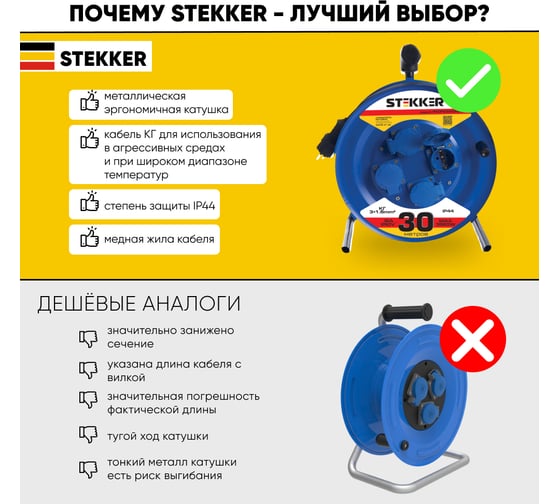 Удлинитель на металлической катушке STEKKER с заземлением 4-местный, PRF02-31-30, 30м, 3х1,5, морозостойкий синий 39786