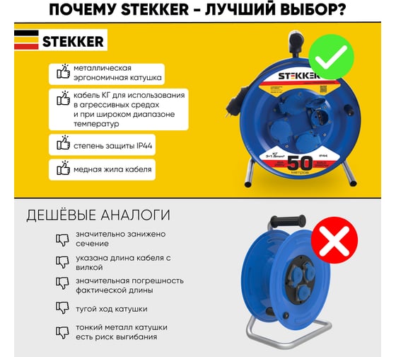 4-местный удлинитель на металлической катушке STEKKER с заземлением PRF02-31-50, 50м, 3х1,5, морозостойкий синий 39787
