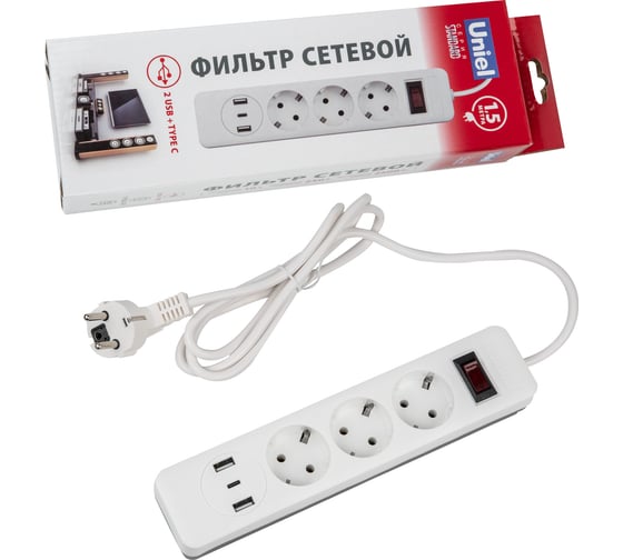 Сетевой фильтр Uniel S-GSR3-1,5 U2C1 WHITE/GREY UL-00012107 1
