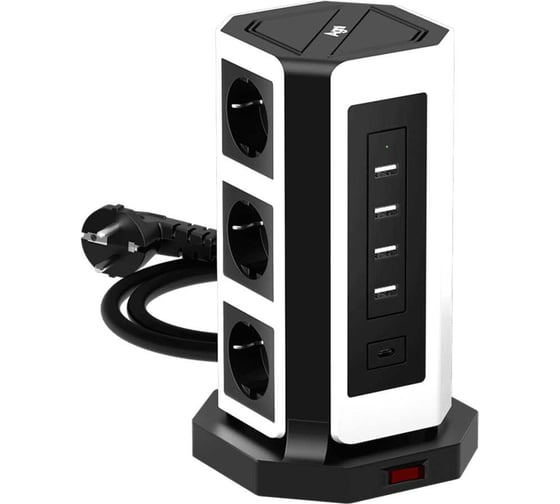Сетевой фильтр настольный AGNI 9 розеток, кабель 2м, черный/белый, 4 USB-A 1 USB-C TP-VD5U9E-C-2m-black-white 1