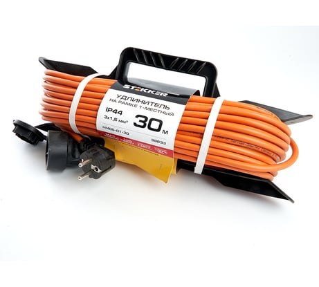 1-местный удлинитель-шнур на рамке STEKKER с заземлением HM05-01-30, 3х1,5мм2, 30м, 16А, Home, оранжевый 39633