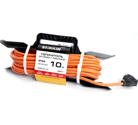 1-местный удлинитель-шнур на рамке STEKKER с заземлением HM05-01-10, 3х1.5мм2, 10м, 16А, Home, оранжевый 39631
