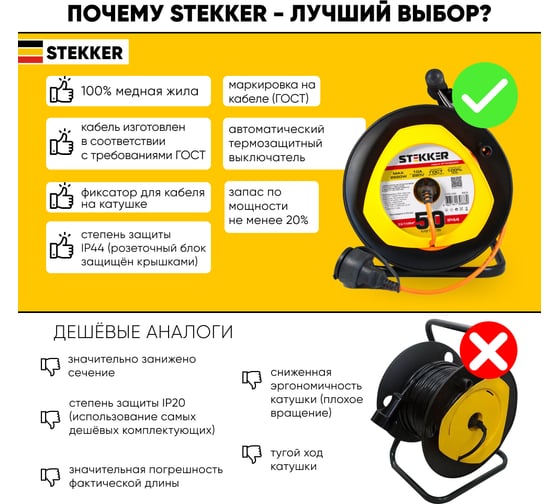 Удлинитель на пластиковой катушке STEKKER STD02-11-50, 50м, 1 гнездо, с заземлением 3х1, оранжевый, 39636