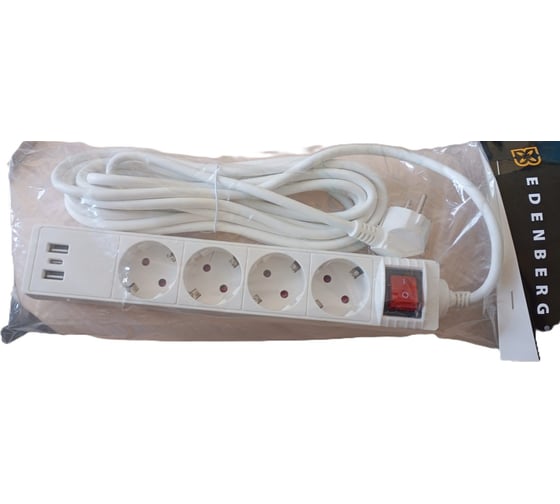 Розетка-удлинитель Edenberg 5м, 4 разъема, с переключателем и USB-кабелем, калибр провода 3 * 0,75 мм, диаметр провода 7 мм Н-12 1