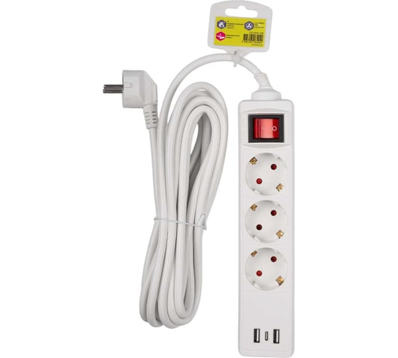 Универсальный электрический удлинитель ФАZА FES-03-500 3 USB выхода, 3 розетки, 5м, 2.2кВт, ПВС 3х0.75мм2 5064942 1
