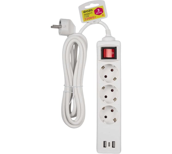 Универсальный электрический удлинитель ФАZА FES-03-300 3 USB выхода, 3 розетки, 3м, 2.2кВт, ПВС 3х0.75мм2 5064928 1