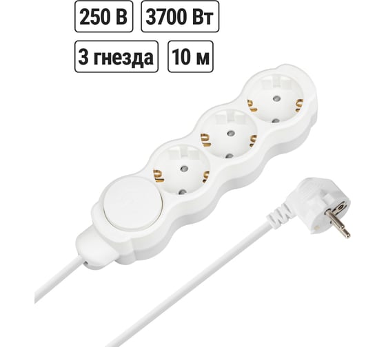 Удлинитель бытовой TDM ELECTRIC Люкс с выкл., 3 гнезда, 10 м, с/з, с з/ш, ПВС 3х1, 5 мм2, 16 А, 250В, 3700Вт TDM SQ1303-4070 1