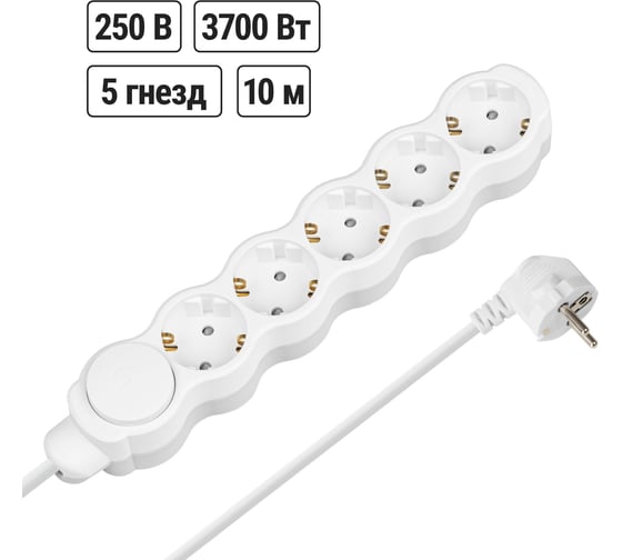 Удлинитель бытовой TDM ELECTRIC Люкс с выкл., 5 гнезд, 10 м, с/з, с з/ш, ПВС 3х1, 5 мм2, 16 А, 250 В, 3700Вт TDM SQ1303-4078 1