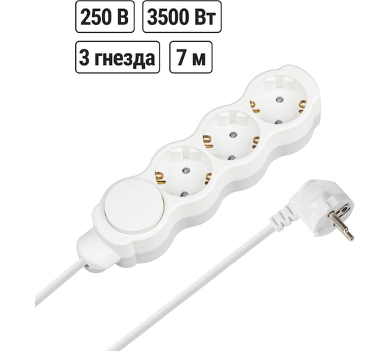 Удлинитель бытовой TDM ELECTRIC Люкс с выкл., 3 гнезда, 7 м, с/з, с з/ш, ПВС 3х1 мм2, 16 А, 250 В, 3500 Вт TDM SQ1303-4043 1