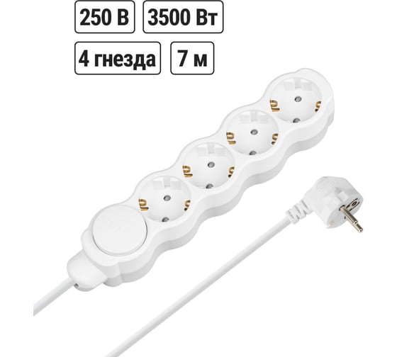 Удлинитель бытовой TDM ELECTRIC Люкс с выкл., 4 гнезда, 7 м, с/з, с з/ш, ПВС 3х1 мм2, 16 А, 250 В, 3500 Вт TDM SQ1303-4048 1