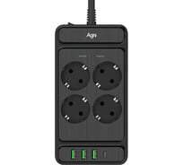 Сетевой фильтр AGNI плоский, 4 розетки, 5 метров, 3 USB + 1 Type-C 20 Вт, чёрный TP-FS4U4E-PD-5m-black