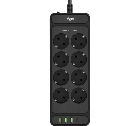 Сетевой фильтр AGNI плоский, 8 розеток, 5 метров, 2 USB + 1 Type-C 20 Вт, чёрный TP-FS4U8E-PD-5m-black 1