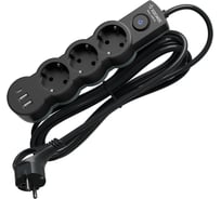 Удлинитель КОСМОС 1.5м, ПВС 3х1, 3 гнезда, заземление, выключатель, USB, 10А, 2800Вт, черный YKsm1.5m3g-Z-VU10A-B