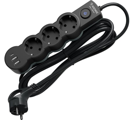 Удлинитель КОСМОС 1.5м, ПВС 3х1, 3 гнезда, заземление, выключатель, USB, 10А, 2800Вт, черный YKsm1.5m3g-Z-VU10A-B