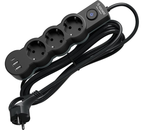 Удлинитель КОСМОС 1.5м, ПВС 3х1, 3 гнезда, заземление, выключатель, USB, 10А, 2800Вт, черный YKsm1.5m3g-Z-VU10A-B 1
