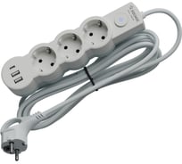 Удлинитель КОСМОС 1.5м, ПВС 3х1, 3 гнезда, заземление, выключатель, USB, 10А, 2800Вт, белый YKsm1.5m3g-Z-VU10A-W