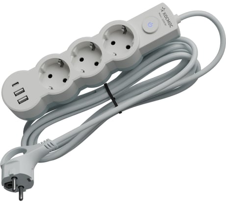 Удлинитель КОСМОС 1.5м, ПВС 3х1, 3 гнезда, заземление, выключатель, USB, 10А, 2800Вт, белый YKsm1.5m3g-Z-VU10A-W