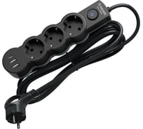 Удлинитель КОСМОС 3м, ПВС 3х1, 3 гнезда, заземление, выключатель, USB, 10А, 2800Вт, черный YKsm3m3g-Z-VU10A-B