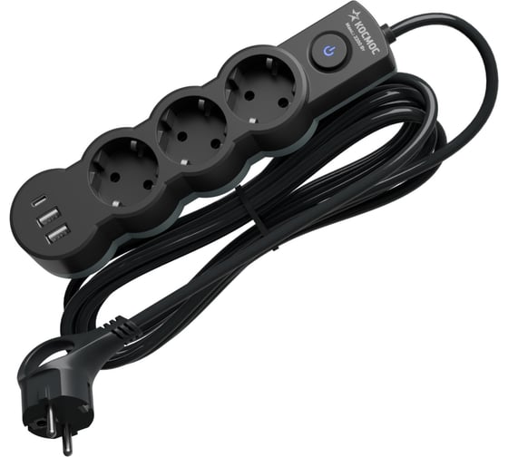 Удлинитель КОСМОС 3м, ПВС 3х1, 3 гнезда, заземление, выключатель, USB, 10А, 2800Вт, черный YKsm3m3g-Z-VU10A-B 1