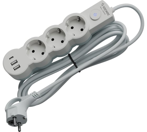 Удлинитель КОСМОС 3м, ПВС 3х1, 3 гнезда, заземление, выключатель, USB, 10А, 2800Вт, белый YKsm3m3g-Z-VU10A-W 1