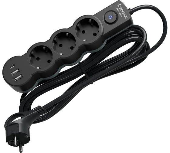 Удлинитель КОСМОС 5м, ПВС 3х1, 3 гнезда, заземление, выключатель, USB, 10А, 2800Вт, черный YKsm5m3g-Z-VU10A-B 1