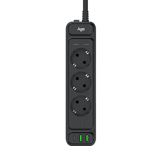Сетевой фильтр AGNI плоский, 3 розетки, 5 метров, 2 USB +1 Type-C 20 Вт, чёрный TP-FS3U3E-PD-5m-black 1