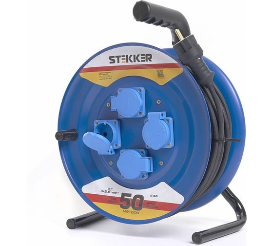 4-местный удлинитель на металлической катушке STEKKER с заземлением, 50м, 3х2,5 морозостойкий Professional, PRF02-41-50, синий 39297