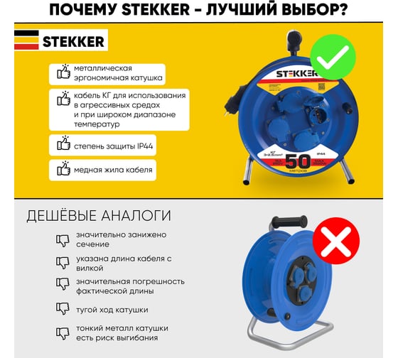4-местный удлинитель на металлической катушке STEKKER с заземлением, 50м, 3х2,5 морозостойкий Professional, PRF02-41-50, синий 39297