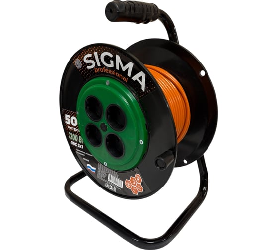 Удлинитель на пластиковой катушке SIGMA c заземлением (ПВС 3*1,0) 230 В /10А /2200 Вт 50 метров 100049 1