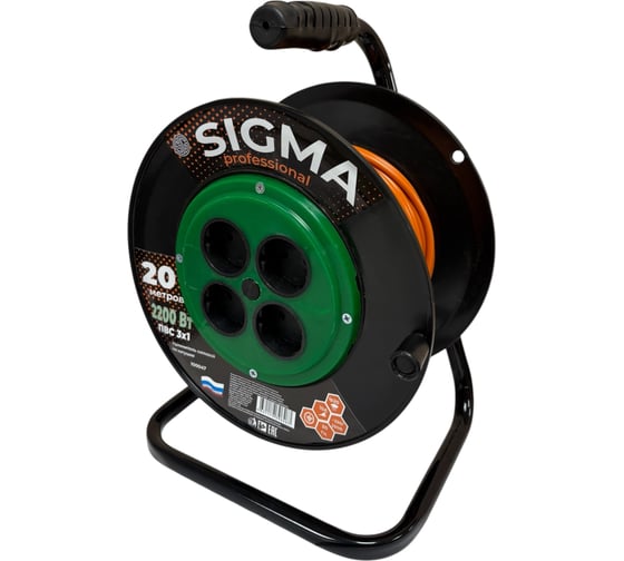 Удлинитель на пластиковой катушке SIGMA c заземлением (ПВС 3*1,0) 230 В /10А /2200 Вт 20 метров 100047 1