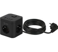 Удлинитель электрический ЭРА CUBE, с заземлением, с выключателем, 3 розетки + 4×USB-A + USB-C, 1.5 м, 16 А, чёрный CUBE-3es-1.5m-4USB-B Б0069074