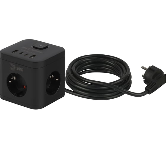 Удлинитель электрический ЭРА CUBE, с заземлением, с выключателем, 3 розетки + 4×USB-A + USB-C, 1.5 м, 16 А, чёрный CUBE-3es-1.5m-4USB-B Б0069074