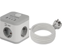 Удлинитель электрический ЭРА CUBE, с заземлением, с выключателем, 3 розетки + 4×USB-A + USB-C, 1.5 м, 16 А, белый CUBE-3es-1.5m-4USB-W Б0069073