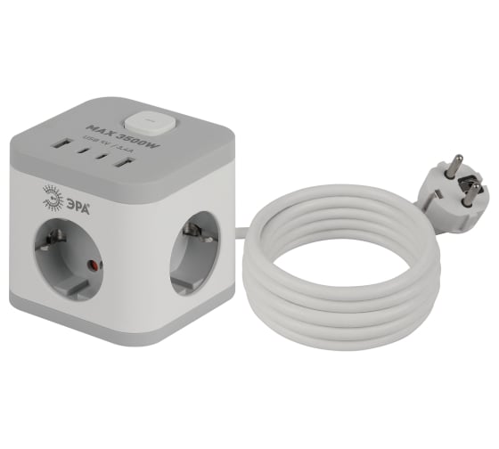 Удлинитель электрический ЭРА CUBE, с заземлением, с выключателем, 3 розетки + 4×USB-A + USB-C, 1.5 м, 16 А, белый CUBE-3es-1.5m-4USB-W Б0069073 1