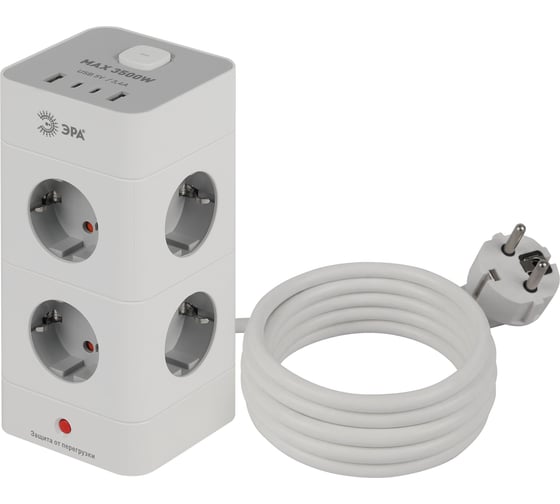 Сетевой фильтр ЭРА TWR-8es-1,5m-4USB-W башня с защитой заземлением с выключателем 8 розеток+4xUSBA+C 1,5м 16А белый Б0069071