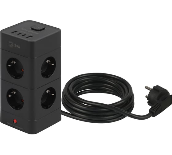 Сетевой фильтр ЭРА TWR-8es-1,5m-4USB-B башня с защитой заземлением с выключателем 8 розеток+4xUSBA+C 1,5м 16А черный Б0069072