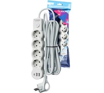 Удлинитель КОСМОС 5м, ПВС 3х1, 4 гнезда, заземление, выкл, USB, 10А 2500Вт, белый YKsm5m4g-Z-VU10A-W