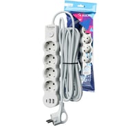 Удлинитель КОСМОС 1.5м, ПВС 3х1, 4 гнезда, заземл, выкл, USB, 10А 2500Вт, белый YKsm1.5m4g-Z-VU10A-W