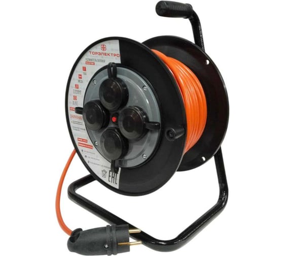 Удлинитель ТОРЭЛЕКТРО ПВС, 3500 Вт, 20м, на катушке, IP44, без заземления, с термовыключателем. 1926