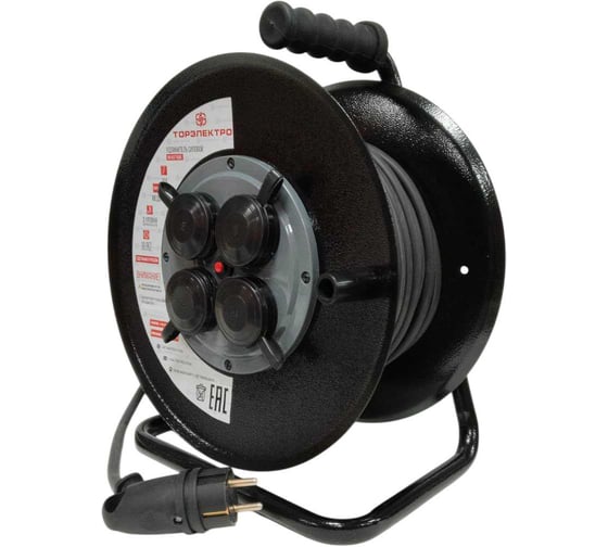Удлинитель силовой ТОРЭЛЕКТРО КГ 3500 Вт, 25м, на металлической катушке, IP 44, без заземления, с термовыключателем 2095